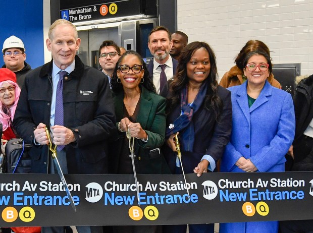 From left, MTA Chair and CEO Janno Lieber, City Council Member Rita Joseph, Assembly Member Rodneyse Bichotte Hermelyn and MTA Board Member Midori Valdivia cut the ribbon on the accessible entrance and headhouse on E. 18th St. to the Church Ave. subway station on the B/Q lines on Tuesday, Nov 25, 2025. (Marc A. Hermann / MTA)