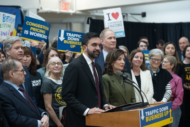 New York City Mayor Zohran Mamdani joins New York Governor Kathy Hochul and Metropolitan Transportation Authority (MTA) is Chair and CEO Janno Lieber in Manhattan to celebrate the successes of one year of congestion pricing in Manhattan on Monday, January 5, 2026. (Michael Appleton/Mayoral Photography Office)