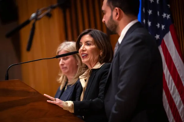 Mayor Zohran Mamdani joins Police Commissioner Jessica Tisch and Gov. Kathy Hochul for a public safety-related press conference at 1 Police Plaza in Manhattan on Tuesday, Jan. 6, 2026. (Ed Reed / Mayoral Photography Office)