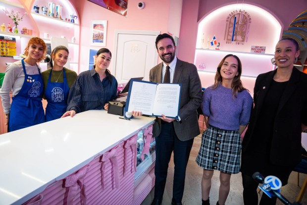 Mayor Zohran Mamdani is pictured at Sweets and Things in Brooklyn on Wednesday, Jan. 14, 2026, after signing Executive Order 11 to create an inventory and identify ways to cut the fees and fines that small businesses pay in New York City. (Ed Reed / Mayoral Photography Office)