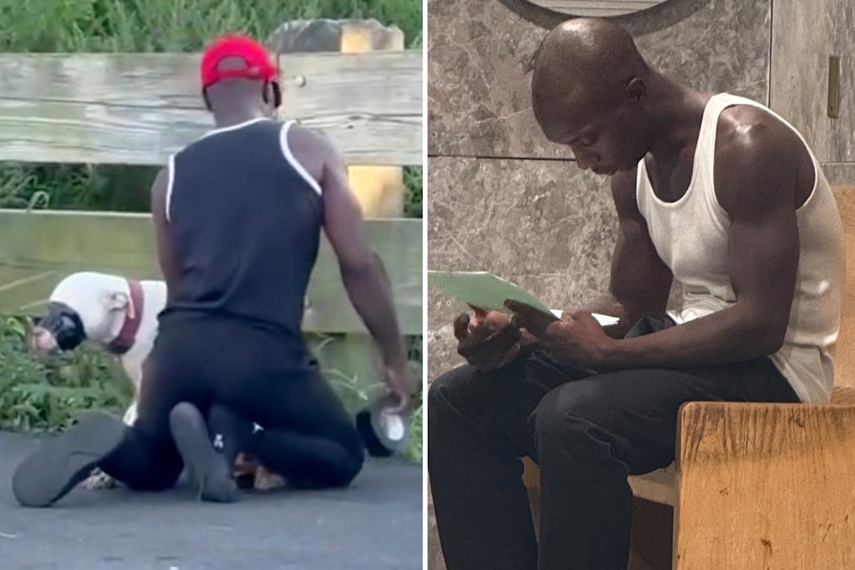 composite image left fyfe kneelin on the ground with his back to the camera with a white dog with its mouth covered in black tape; right fyffe in court sitting on a bench staring at his phone