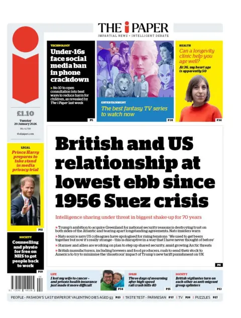The headline on the front page of the i Paper reads: "British and US relationship at lowest ebb since 1956 Suez crisis."