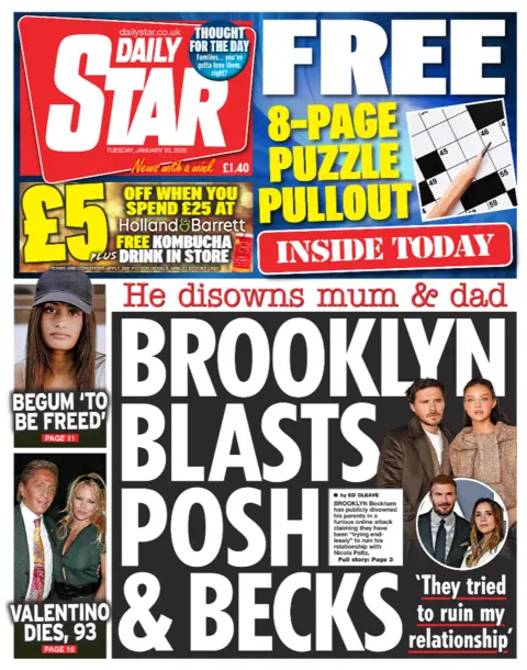 The headline on the front page of the Daily Star reads: "Brooklyn blasts Posh and Becks."