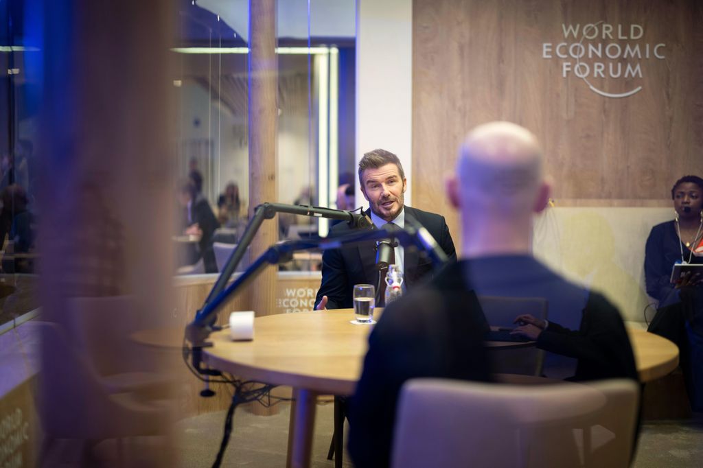 David Beckham speaks in a podcast booth, at the 56th annual meeting of the World Economic Forum, WEF, in Davos