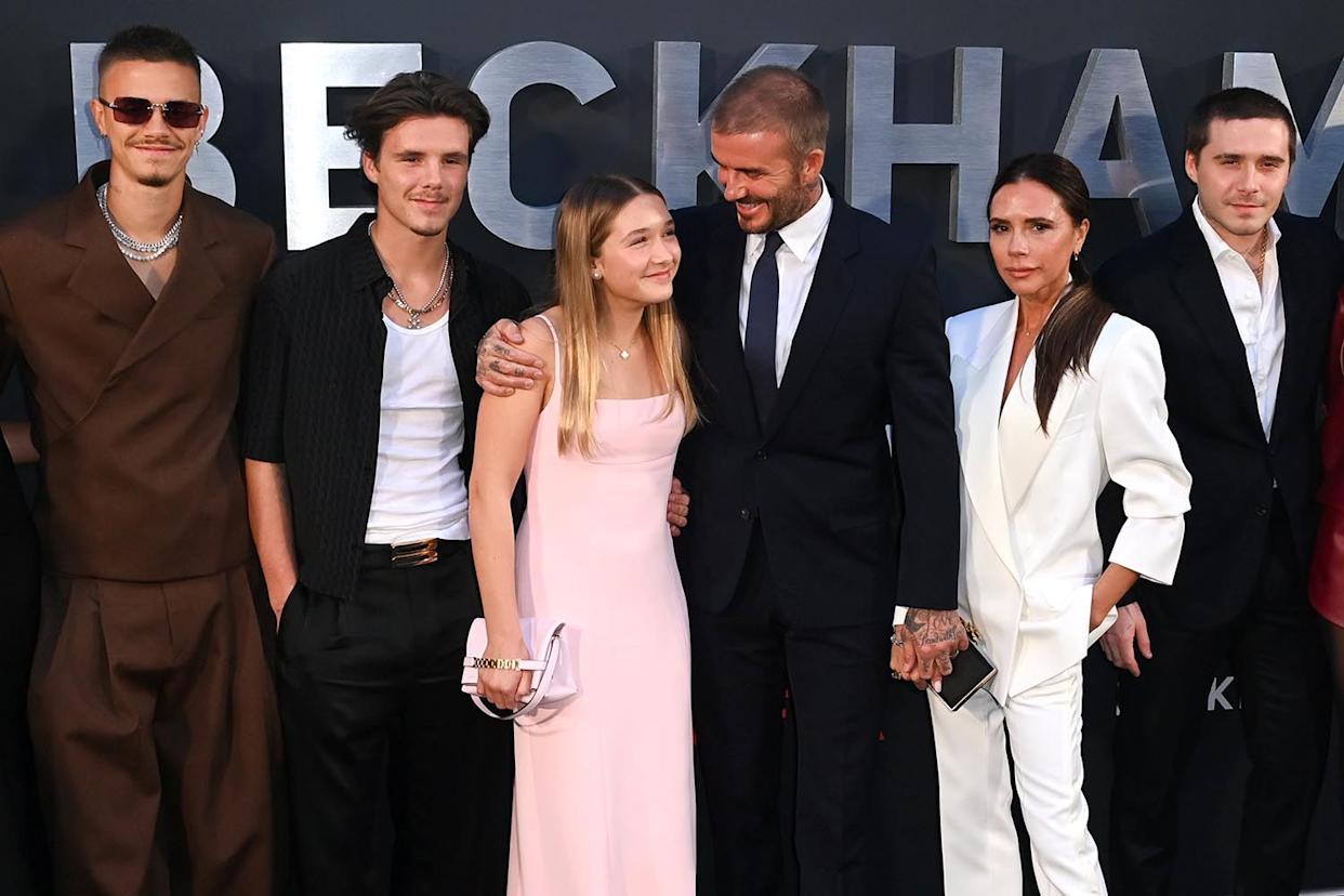  David Fisher/Shutterstock Romeo Beckham, Cruz Beckham, Harper Beckham, David Beckham, Victoria Beckham and Brooklyn Beckham.