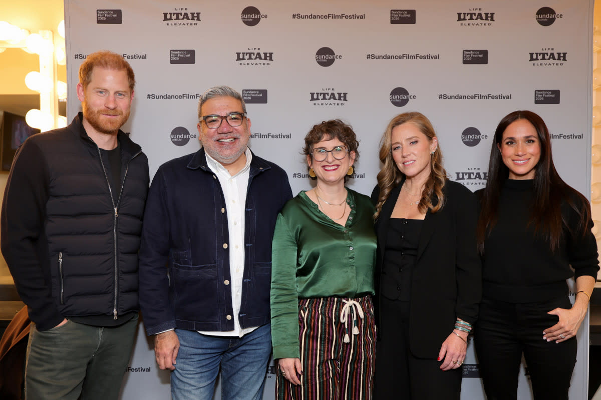 Prince Harry, from left, Sundance Film Festival Director Eugene Hernandez, filmmaker Alysa Nahmias, Amy Redford and Meghan, Duchess of Sussex. (Getty Images)