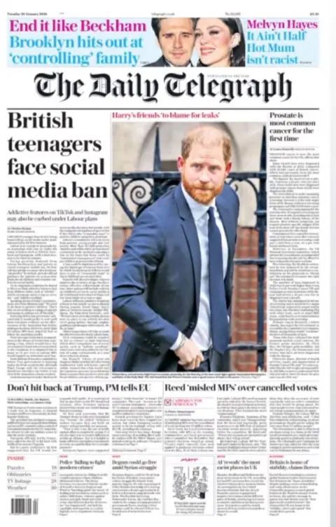 The headline on the front page of the Daily Telegraph reads: "British teenagers face social media ban."