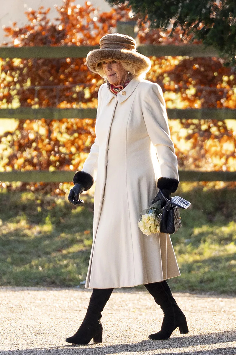 Queen Camilla wears the 1902 Coronation Brooch while attending the Sunday morning church service at St Mary Magdalene church in Sandringham, Norfolk, on Jan. 4, 2026.