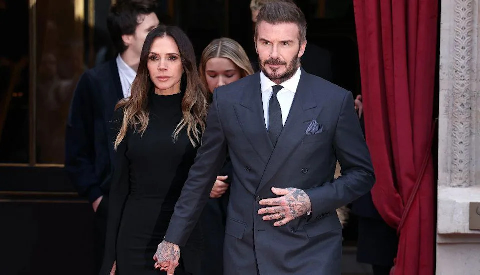Victoria Beckham and David Beckham and family leaving their hotel during Haute Couture Spring Summer 2026 as part of Paris Fashion Week on January 26, 2026 in Paris, France. 