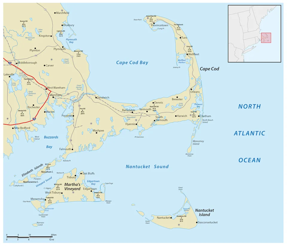 Map of Cape Cod, Nantucket Island and Martha's Vineyard.