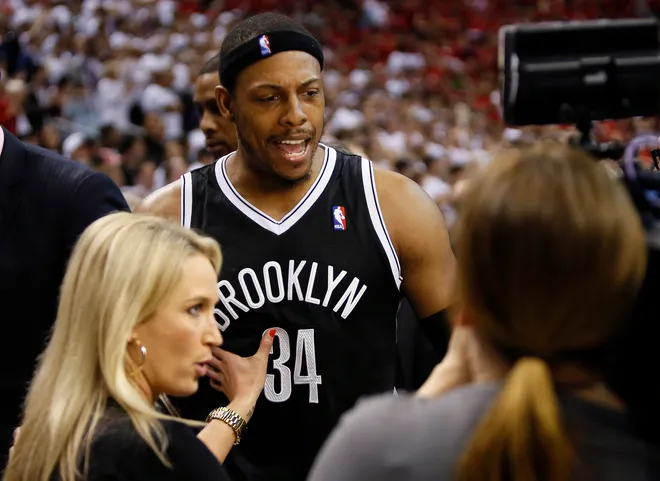 May 4, 2014; Toronto, Ontario, CAN; Brooklyn Nets forward Paul Pierce (34) gets interviewed after game seven of the first round of the 2014 NBA Playoffs against the Toronto Raptors at the Air Canada Centre. Brooklyn defeated Toronto 104-103. Mandatory Credit: John E. Sokolowski-USA TODAY Sports