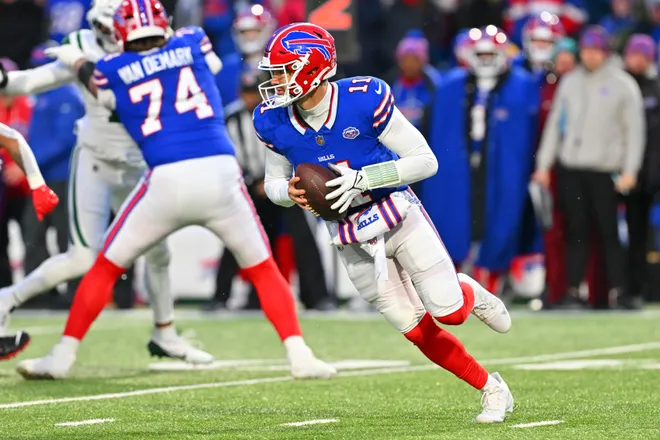 ORCHARD PARK, NEW YORK - JANUARY 04: Mitchell Trubisky #11 of the Buffalo Bills drops back to pass first quarter against the New York Jets at Highmark Stadium on January 04, 2026 in Orchard Park, New York. (Photo by Jason Miller/Getty Images)