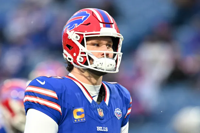 Jan 4, 2026; Orchard Park, New York, USA; Buffalo Bills quarterback Josh Allen (17) looks on during warmups before the game against the New York Jets at Highmark Stadium. Mandatory Credit: Mark Konezny-Imagn Images