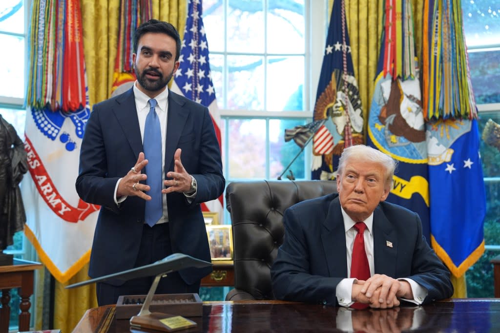 President Trump listens as New York City then Mayor-elect Zohran Mamdani speaks in the Oval Office of the White House, Friday, Nov. 21, 2025, in Washington. AP