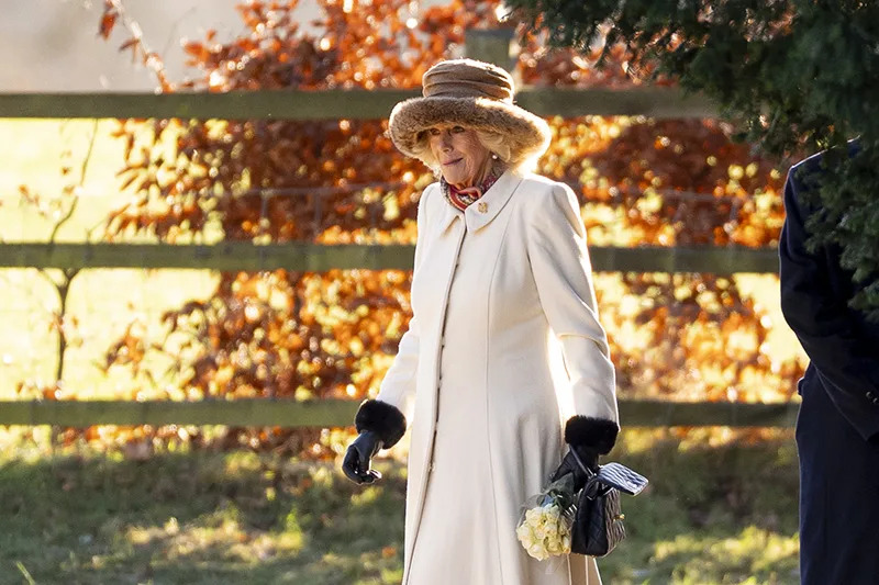 Queen Camilla wears the 1902 Coronation Brooch while attending the Sunday morning church service at St Mary Magdalene church in Sandringham, Norfolk, on Jan. 4, 2026.