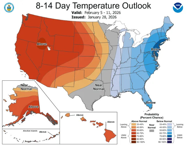 Temperatures below normal for this time of year are expected along the East Coast and in parts of the eastern Midwest and the South. The area between Washington, D.C., and Connecticut, including Rhode Island, is even more likely to continue seeing freezing temperatures.