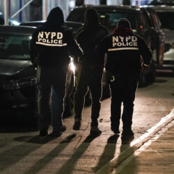 Police officers escort a handcuffed suspect to a car during a raid in the Brooklyn borough of New York, Tuesday, Jan. 4, 2022. New York City police arrested 17 suspected gang members Tuesday in early morning raids across Brooklyn, removing from the streets what investigators said were violent thugs responsible for some of the Big Apple's pandemic-era surge in shootings and homicides. (AP Photo/Seth Wenig)