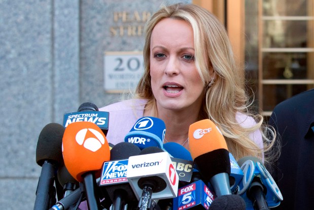 Adult film actress Stormy Daniels speaks outside federal court on April 16, 2018, in New York. (AP Photo/Mary Altaffer, File)
