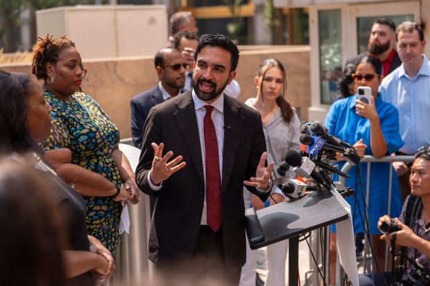 Zohran Mamdani speaks during a press conference outside the Jacob K. Javits federal building Thursday, Aug. 7, 2025, in Manhattan, New York. (AP Photo/Yuki Iwamura)
