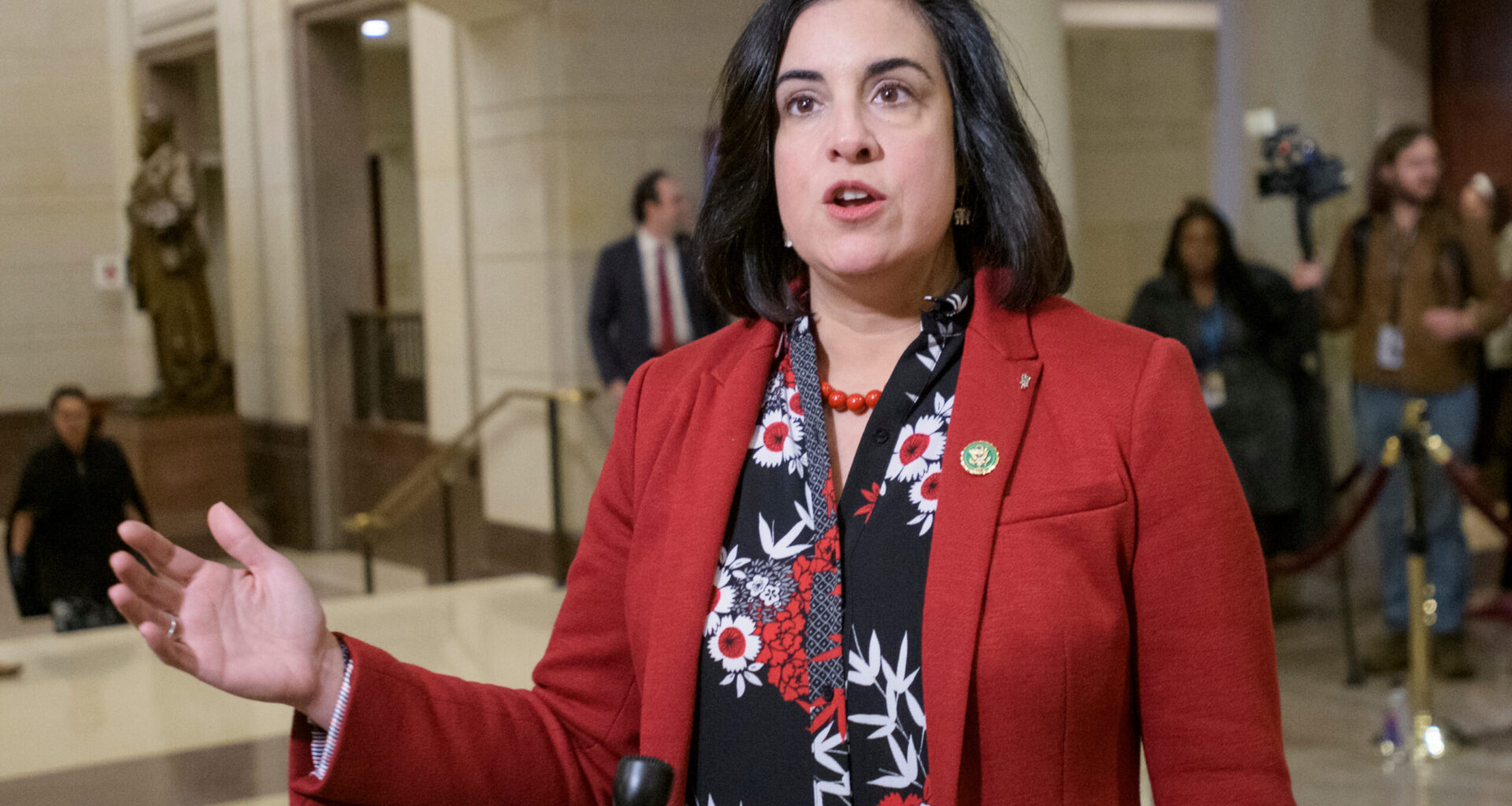 Rep. Nicole Malliotakis, R-N.Y., talks to reporters following a meeting for President-elect Donald Trump's picks for the planned Department of Government Efficiency at the Capitol, Dec. 5, 2024, in Washington. AP Photo/Rod Lamkey, Jr., File