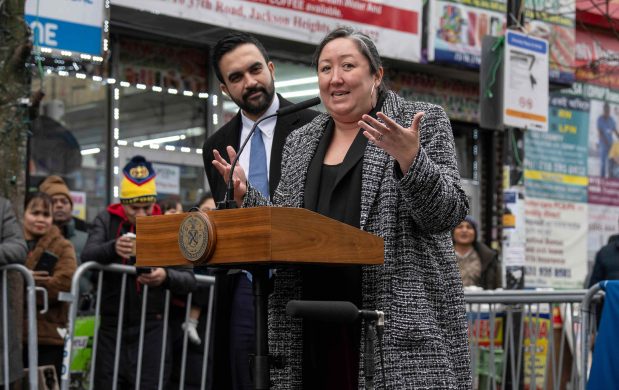 Christine Clarke, right, Commissioner of the City Commission on Human Rights, appointed by New York Mayor Zohran Mamdani, left, speaks during a news conference, Wednesday, Jan. 7, 2026, in Queens. (AP Photo/Yuki Iwamura)