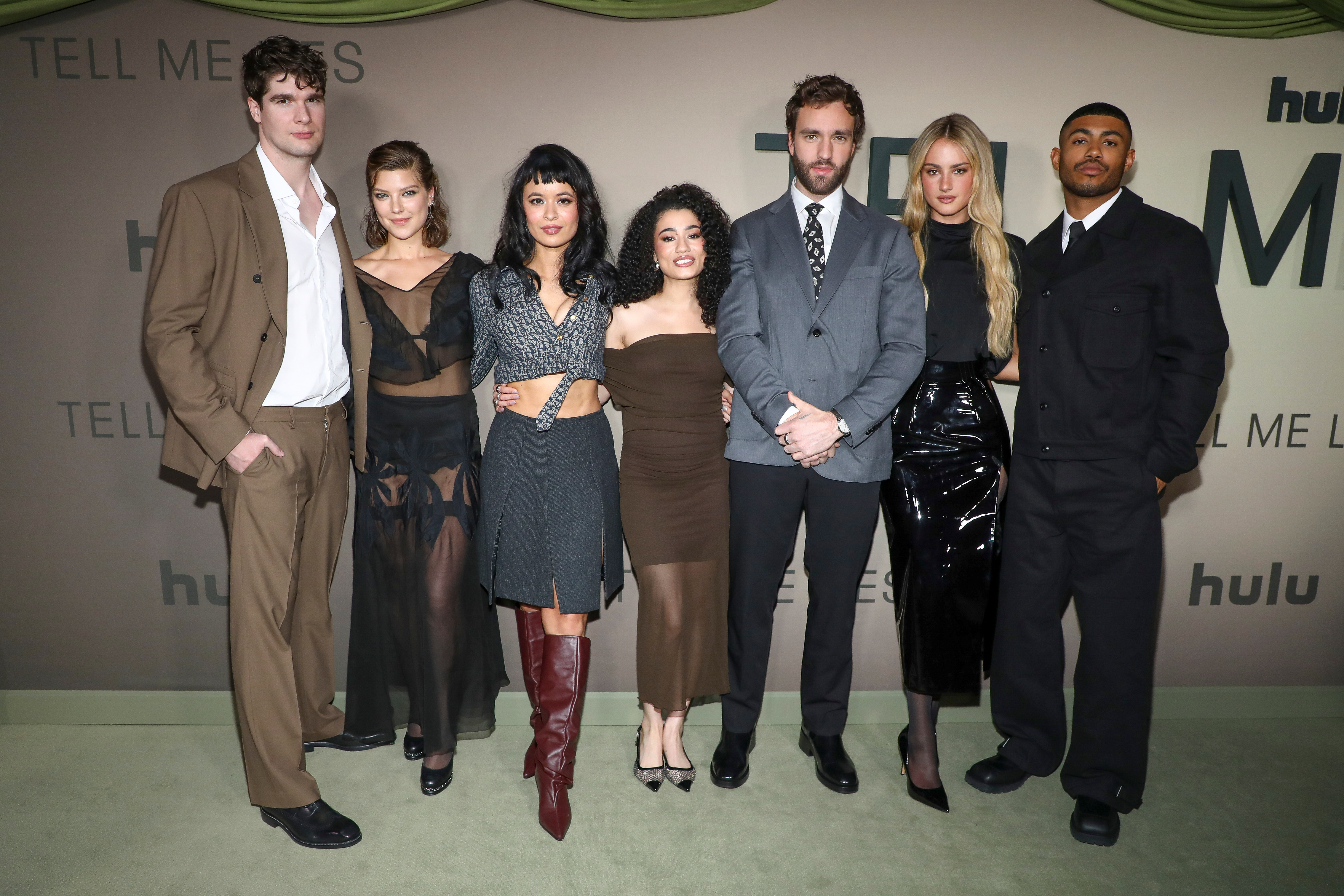 Actors Spencer House, from left, Catherine Missal, Sonia Mena, Alicia Crowder, Jackson White, Grace Van Patten and Branden Cook attend the special screening of Hulu's "Tell Me Lies" Season 3 at The Corner Store on Monday, Jan. 12, 2026, in New York. (Photo by Andy Kropa/Invision/AP)