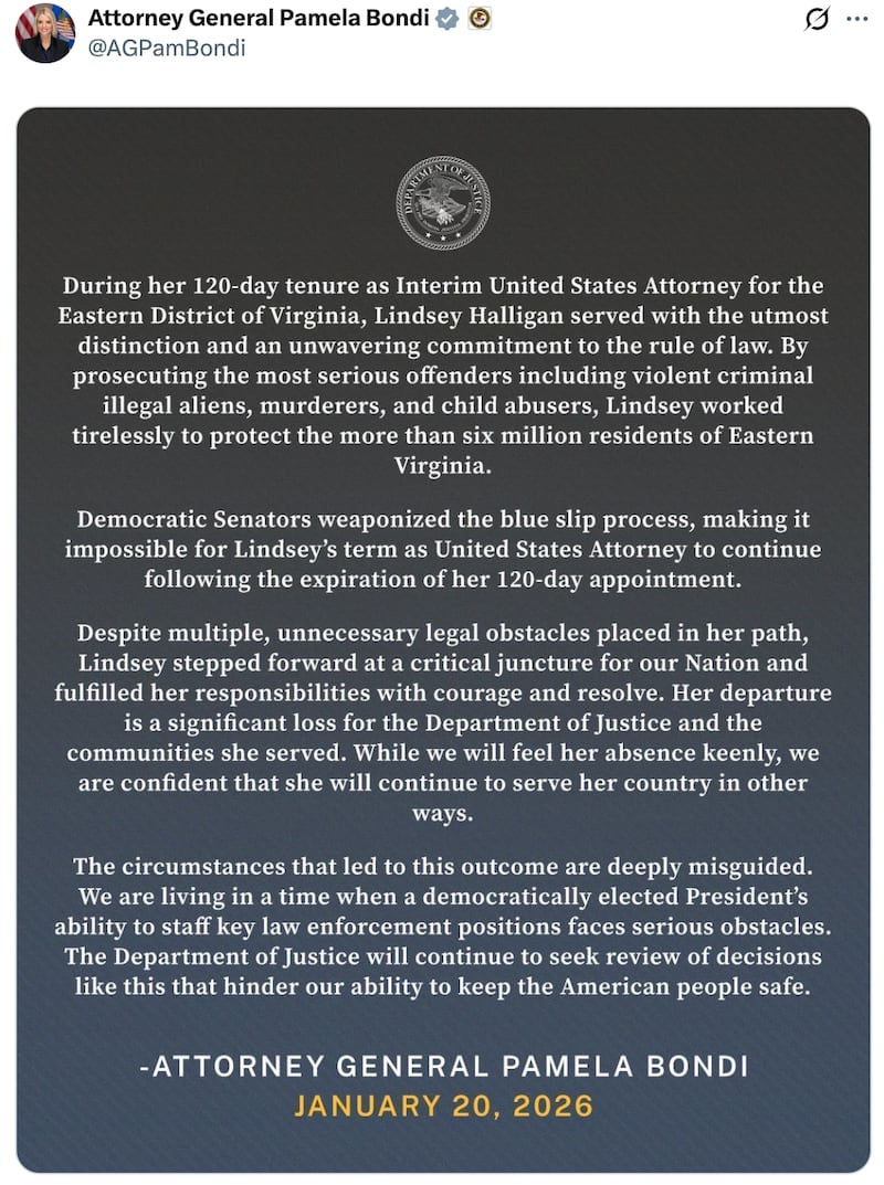 Attorney General Pam Bondi's X post to announce the exit of Lindsey Halligan.