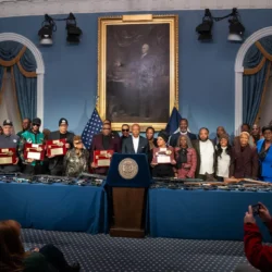 Mayor Eric Adams gave nearly 30 anti-violence organizations a key to the city on Monday, Dec. 29, 2025. Photo: Ed Reed/Mayoral Photography Office