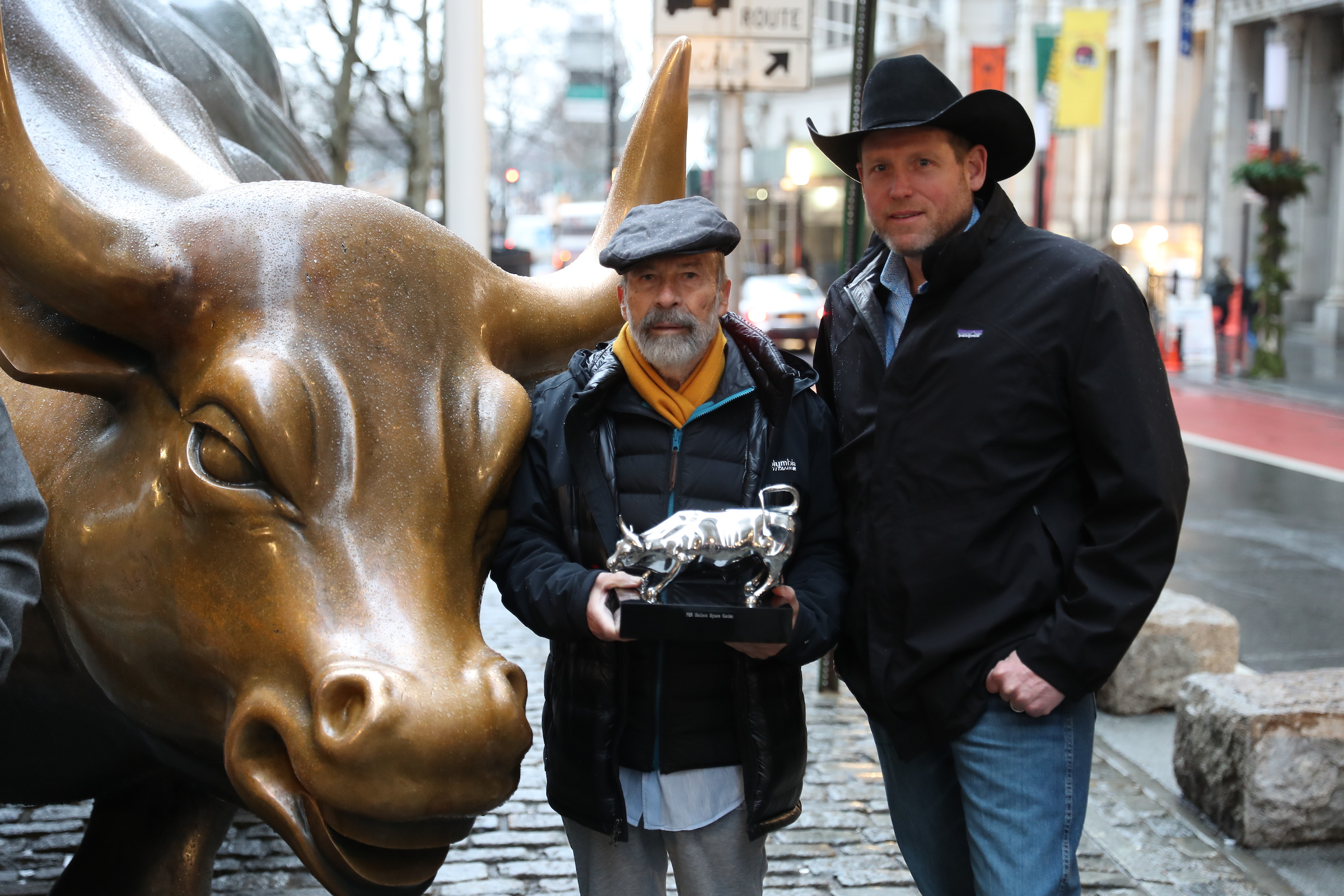 Sean Gleason, with Charging Bull artist, Arturo di Modica during the New York City Unleash the Beast PBR. 