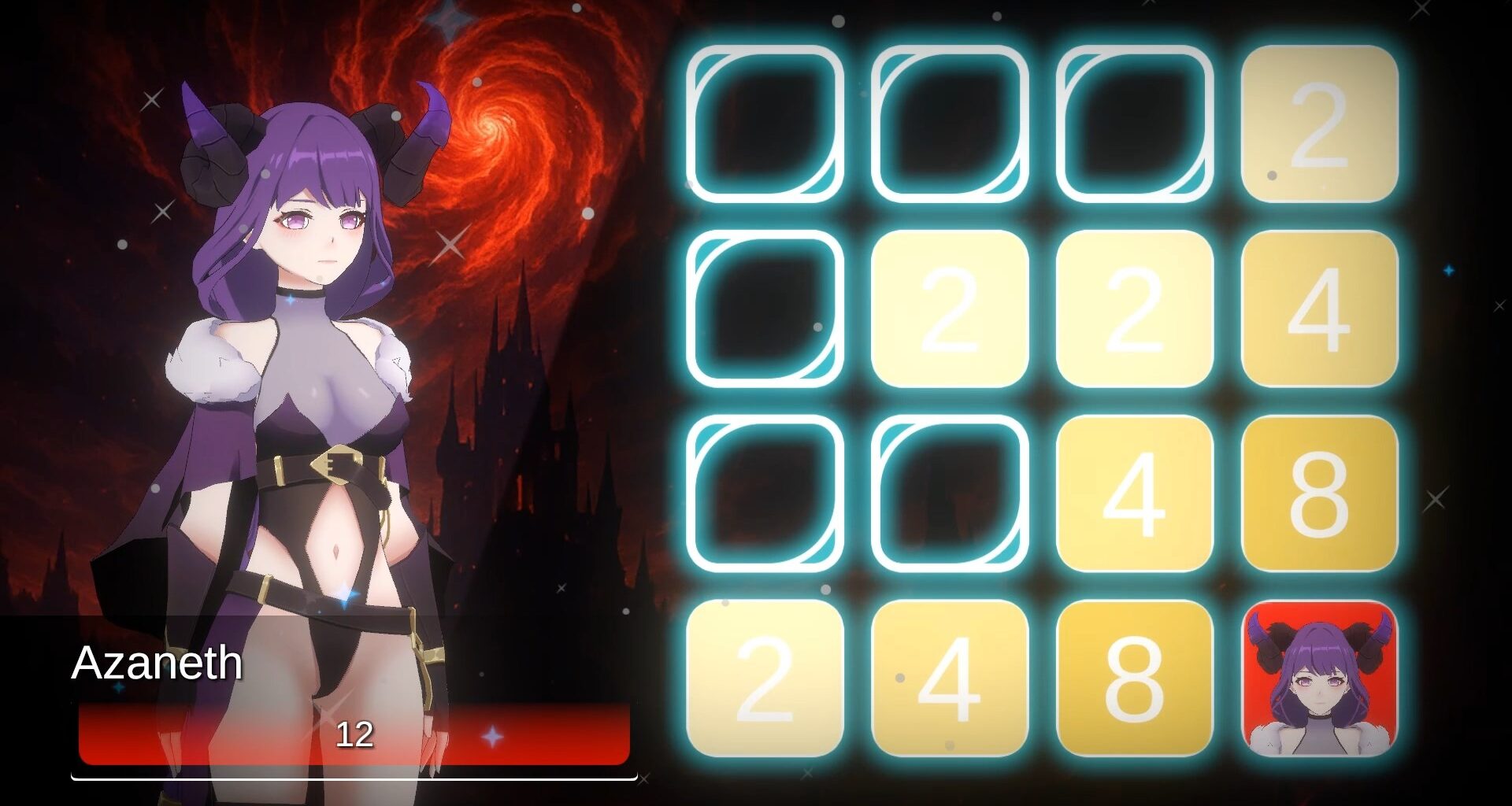 Screenshot from Battle Puzzle 2048 - Queens of the Abyss on Xbox, showing the number grid puzzles and Azaneth character