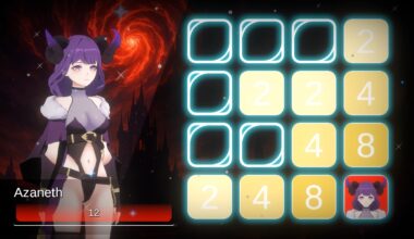 Screenshot from Battle Puzzle 2048 - Queens of the Abyss on Xbox, showing the number grid puzzles and Azaneth character