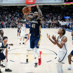 New Orleans Pelicans guard Saddiq Bey (41) slam dunks for the go-ahead basket in the final minute of the second half of an NBA basketball game against the Brooklyn Nets, Wednesday, Jan. 14, 2026, in New Orleans. (AP Photo/Gerald Herbert)