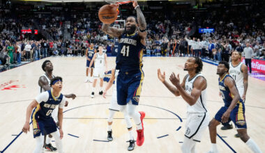 New Orleans Pelicans guard Saddiq Bey (41) slam dunks for the go-ahead basket in the final minute of the second half of an NBA basketball game against the Brooklyn Nets, Wednesday, Jan. 14, 2026, in New Orleans. (AP Photo/Gerald Herbert)
