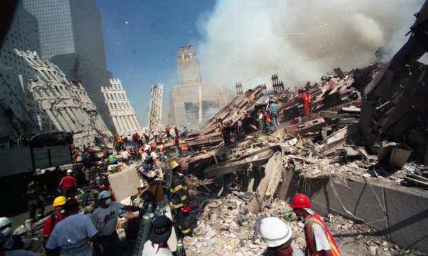 Rescue workers are pictured after the terror attacks on the World Trade Center in Manhattan, New York, on Sept. 12, 2001. (Todd Maisel / New York Daily News)