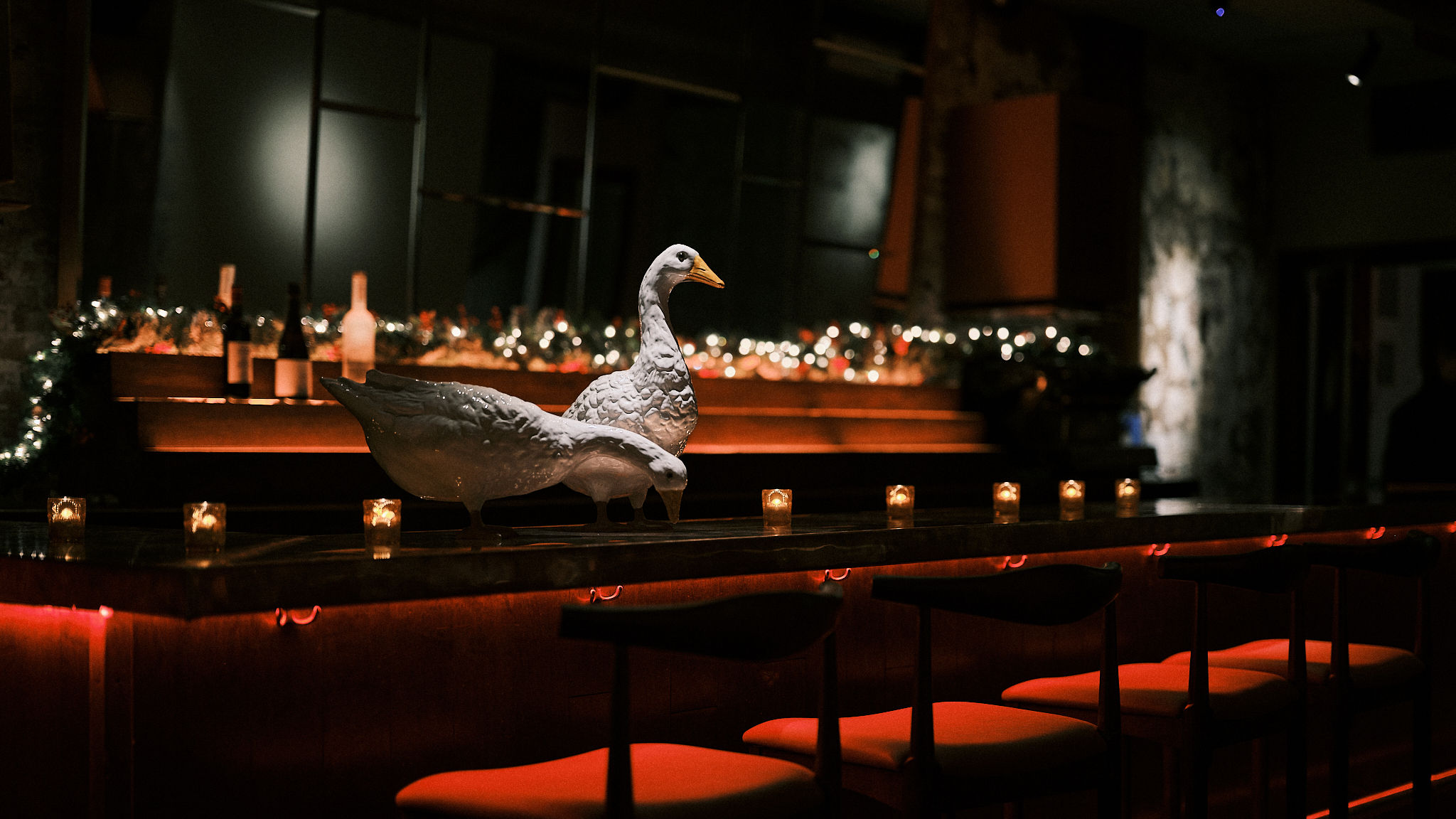 Two duck statues on a dark bar counter.