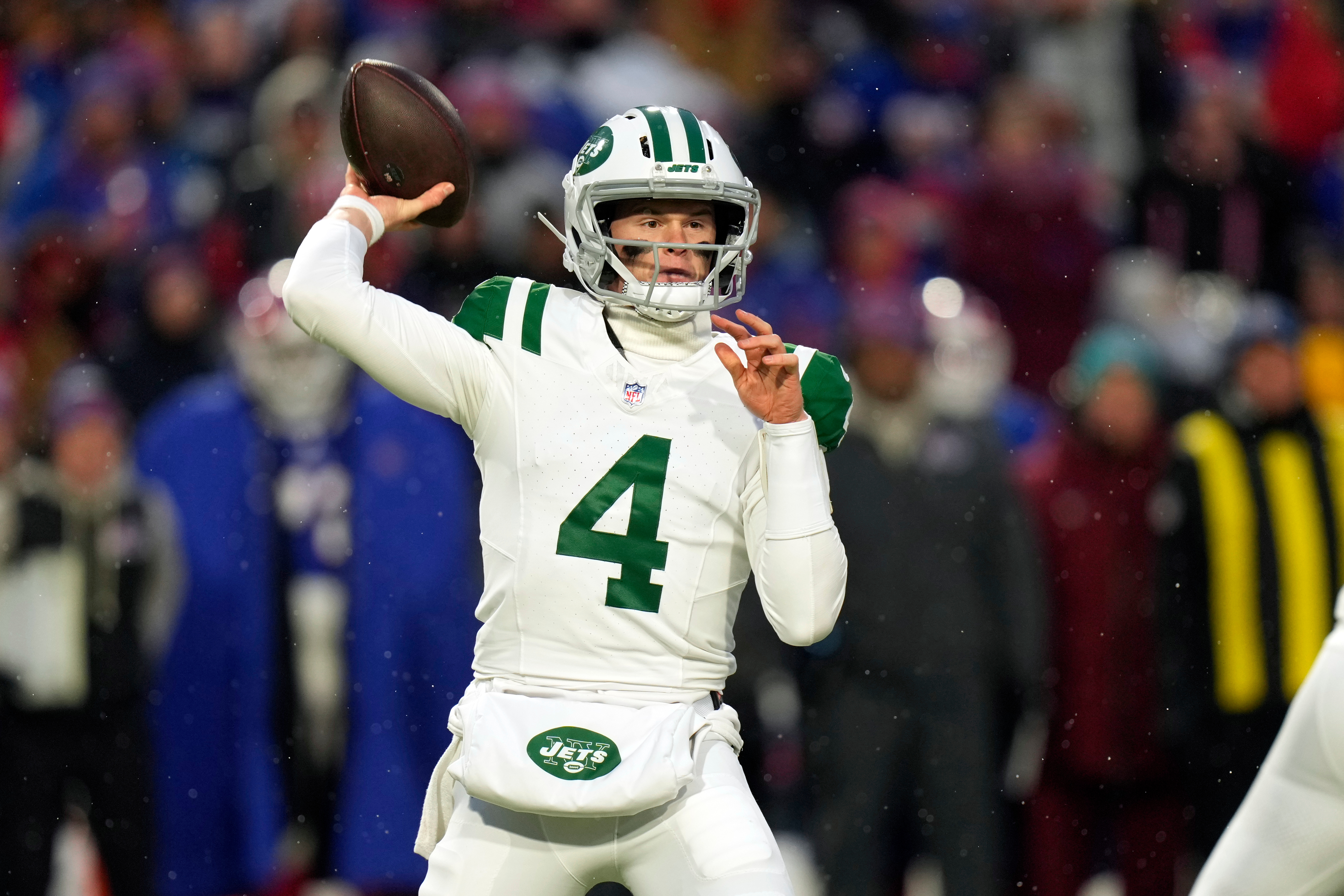 New York Jets quarterback Brady Cook passes against the Buffalo Bills in the first half of an NFL football game Sunday, Jan. 4, 2026, in Orchard Park, N.Y. (AP Photo/Seth Wenig)