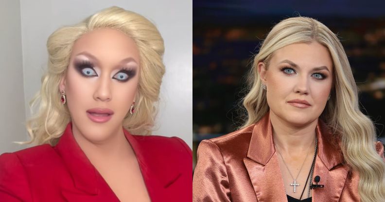 On the left, drag performer Lauren Banall as Erika Kirk. On the right, Erika Kirk on Fox News.