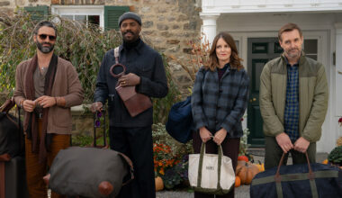 (L to R) Marco Calvani as Claude, Colman Domingo as Danny, Tina Fey as Kate, and Will Forte as Jack in Episode 106 of The Four Seasons.