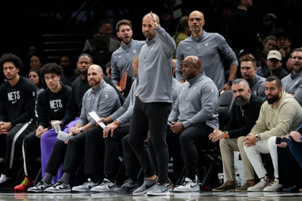 Brooklyn Nets head coach Jordi Fernández, center, gestures during the first half of an NBA basketball game against the Denver Nuggets, Sunday, Jan. 4, 2026, in New York. (AP Photo/Yuki Iwamura)