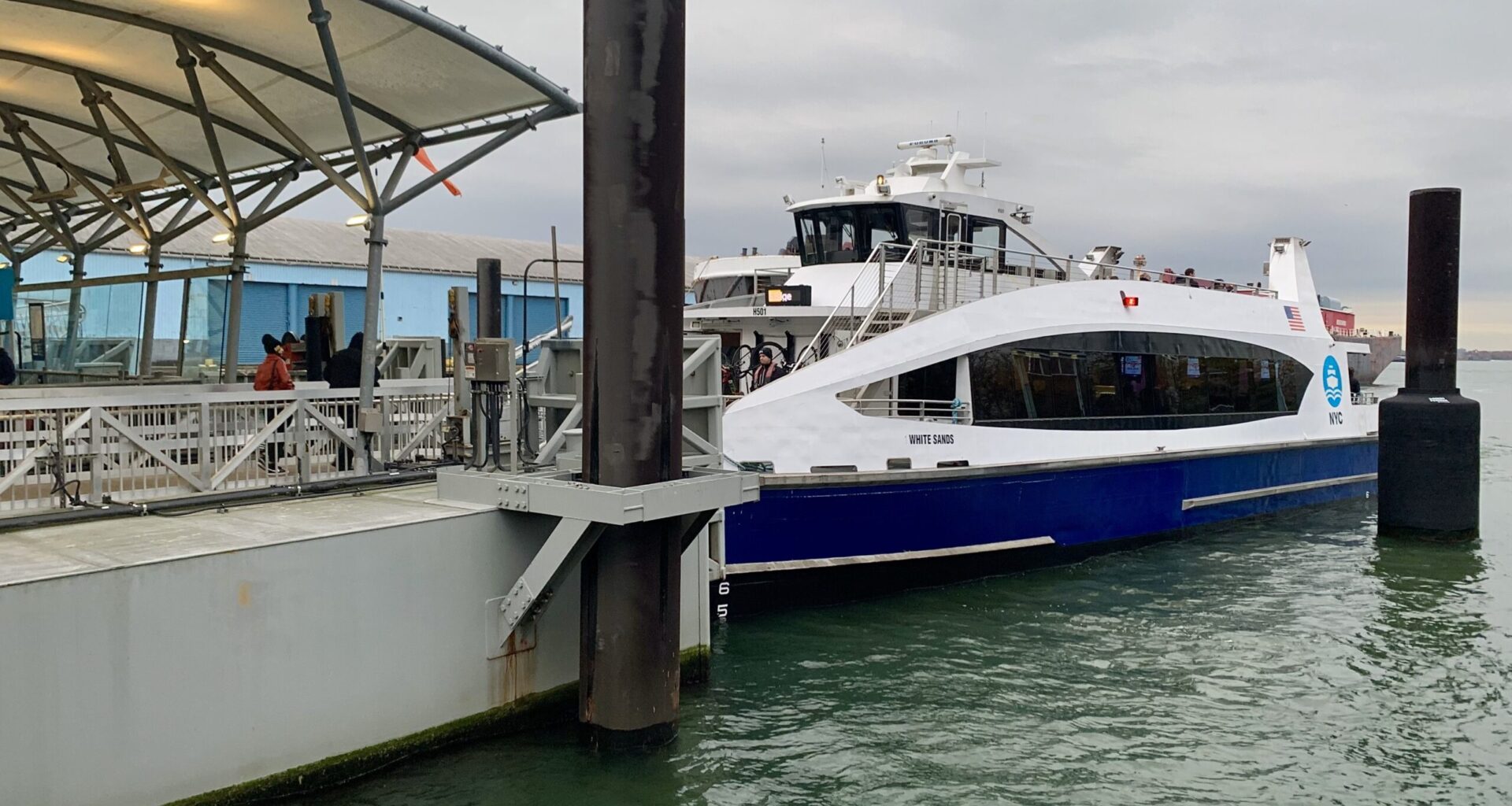 The NYC Ferry “White Sands” departs from Pier 6 in Brooklyn Bridge Park in November 2025. Photo: Mary Frost, Brooklyn Eagle