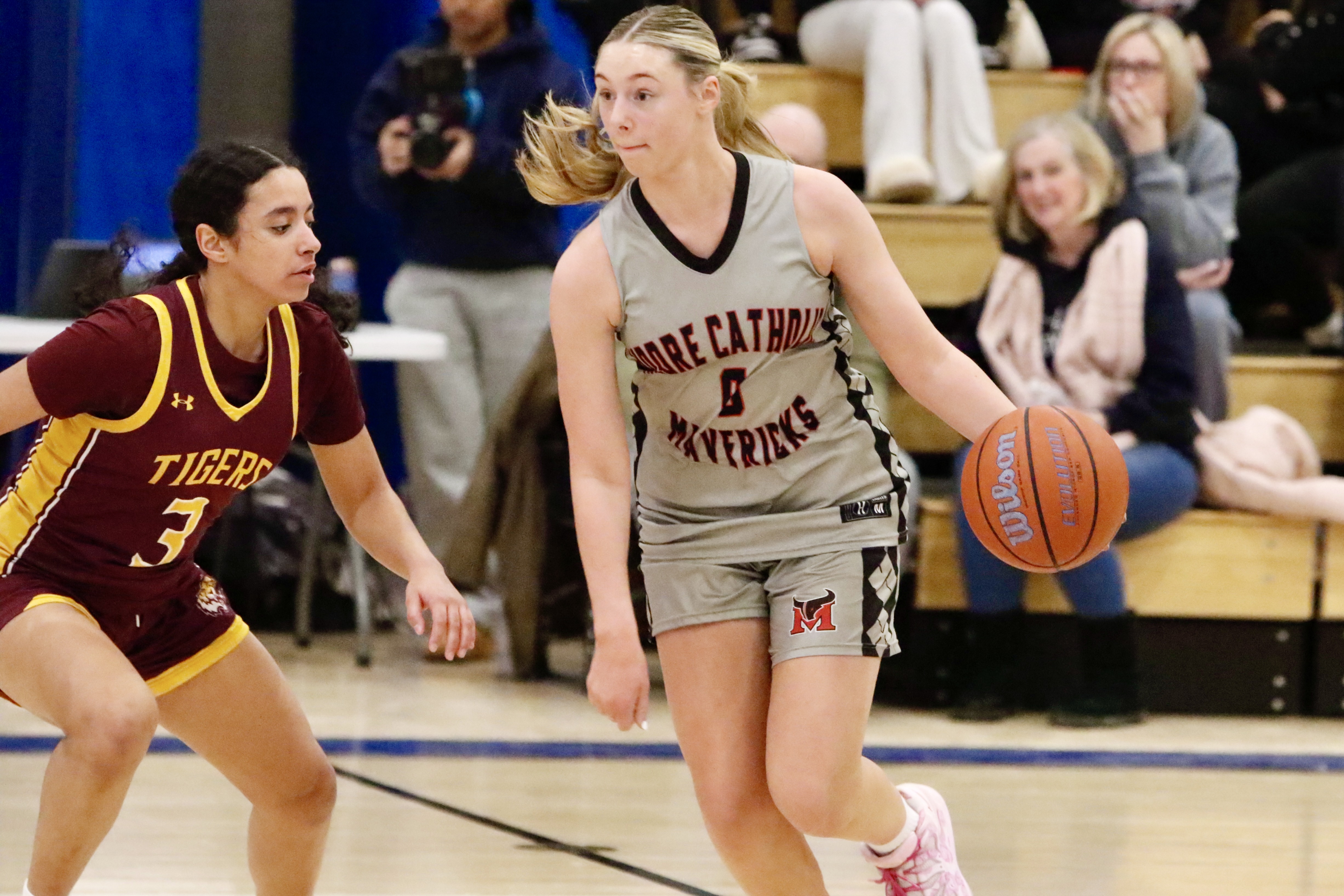 Moore's Emma Bruno-Dunn looks to get past her defender during a Borough President's Cup matchup against Staten Island Academy on Jan. 29, 2026.