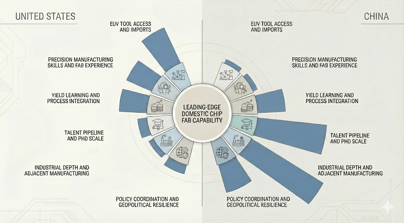 Google Gemini generated this comparative map of US and Chinese domestic semiconductor manufacturing capabilities, visualizing the stark asymmetry where American strength in advanced tooling contrasts with China's advantages in industrial depth and long-term policy coordination.