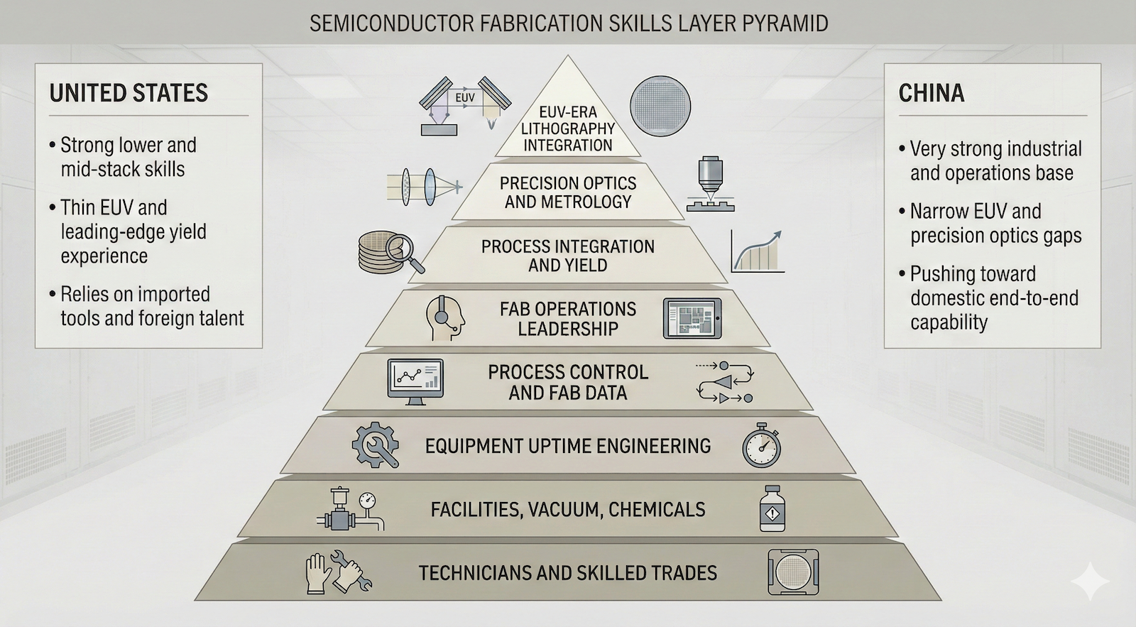 Visualization by TFIE Strategy, graphics by Google Gemini of the semiconductor fabrication skills pyramid, illustrating the operational hierarchy from foundational trades to advanced EUV integration while comparing the industrial readiness of the US and China.