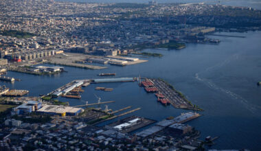 An aerial view of the South Brooklyn Marine Terminal in Sunset Park. The terminal will house Empire Wind’s long-term Operations and Maintenance Base. Credit: Ed Jones/AFP via Getty Images