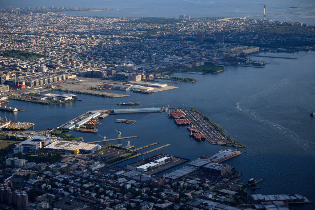 An aerial view of the South Brooklyn Marine Terminal in Sunset Park. The terminal will house Empire Wind’s long-term Operations and Maintenance Base. Credit: Ed Jones/AFP via Getty Images