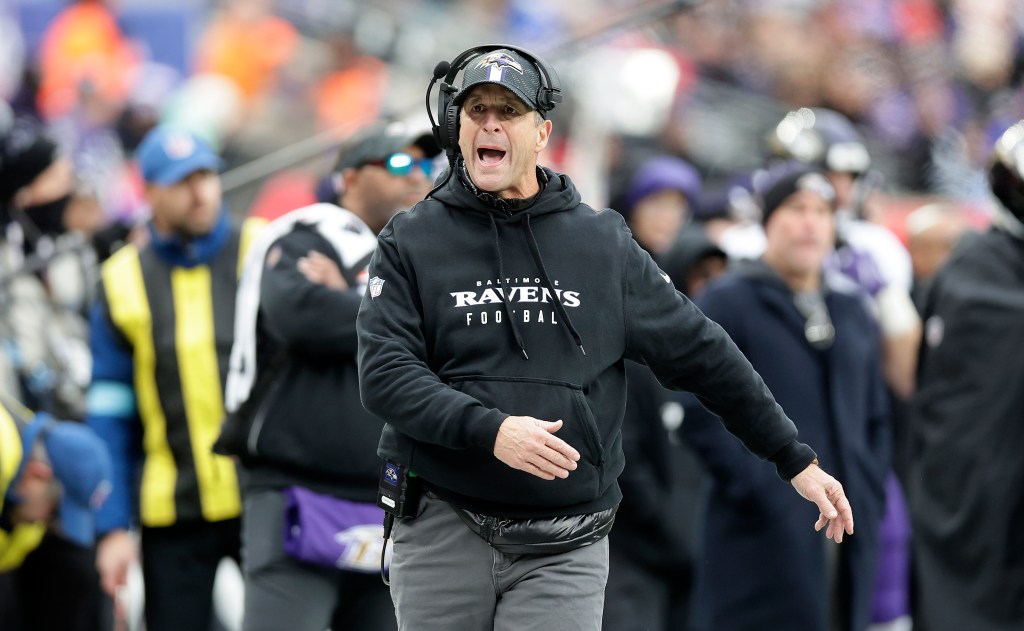 Head coach John Harbaugh of the Baltimore Ravens in action against the New York Giants at MetLife Stadium on December 15, 2024 in East Rutherford, New Jersey.