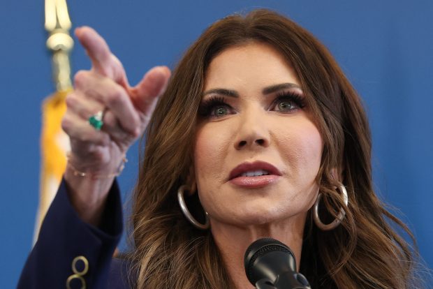 Secretary of Homeland Security Kristi Noem speaks during a press conference to discuss ICE operations in New York City on January 8, 2026.