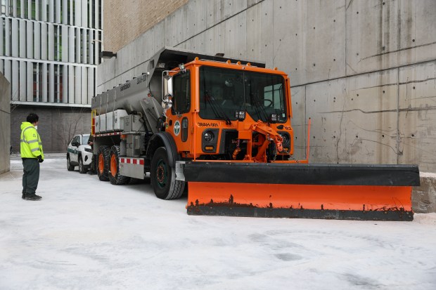 A salt truck and snow plow is seen at a salt depot following a news conference with New York City Mayor Zohran Mamdani about preparations for the winter storm in New York on Jan. 24, 2026. (Photo by ANGELA WEISS / AFP via Getty Images)