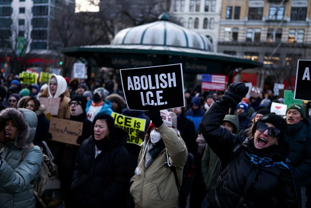 Demonstrators rally against Immigration and Customs Enforcement (ICE) in New York City on January 24, 2026, following the deadly shooting of a man by federal immigration officers earlier in the day in Minneapolis, Minnesota. (Photo by CHARLY TRIBALLEAU / AFP via Getty Images)