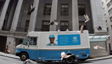 A Con Edison truck works on Wall Street on April 2, 2020 in New York City.